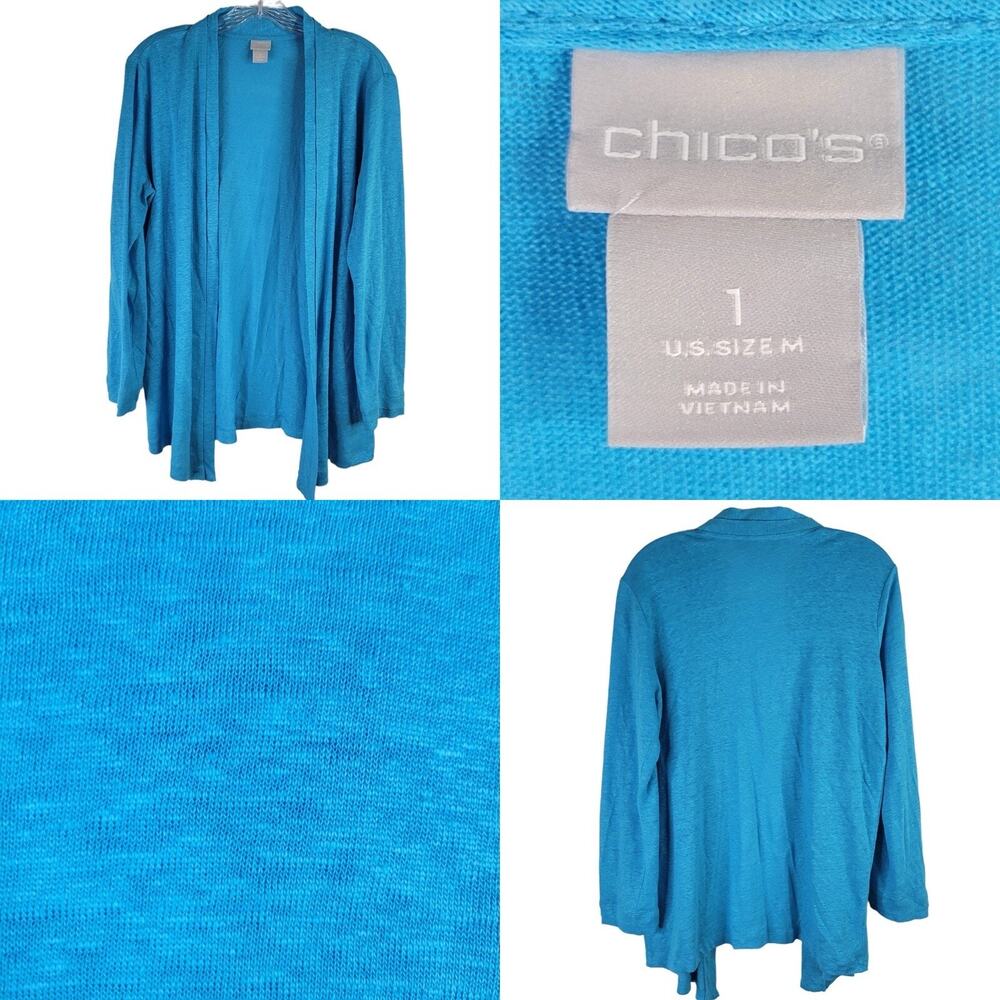 Chicos Cardigan Sweater Linen Women's Size 1 US Medium LS Open Front Blue